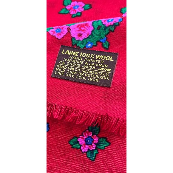 Vintage 1970’s LAINE 100% Wool Red Floral Scarf Handprinted Japan CA 00098 - Picture 2 of 9